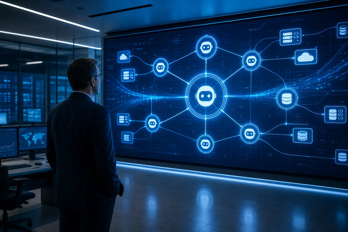 Un DSI observant des agents IA dans un environnement informatique d'entreprise
