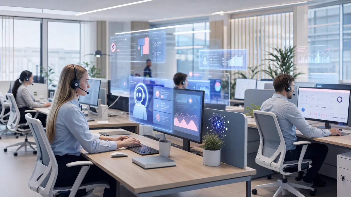 Agents de support client travaillant avec une intelligence artificielle