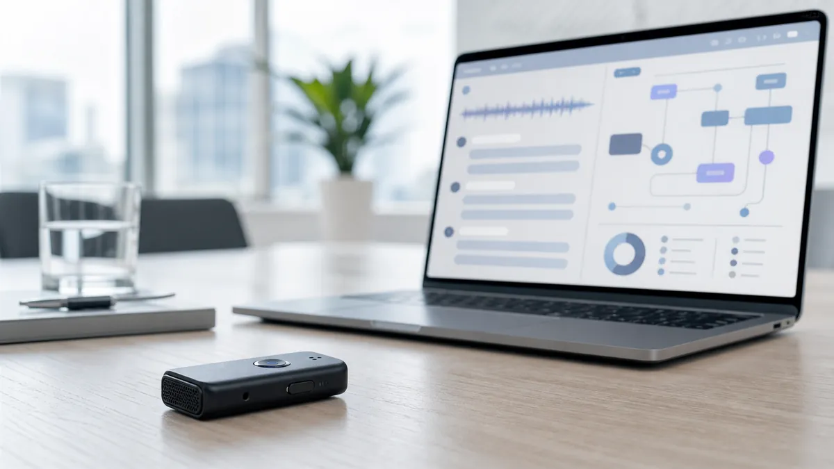 Enregistreur IA sur une table de réunion avec interface de transcription