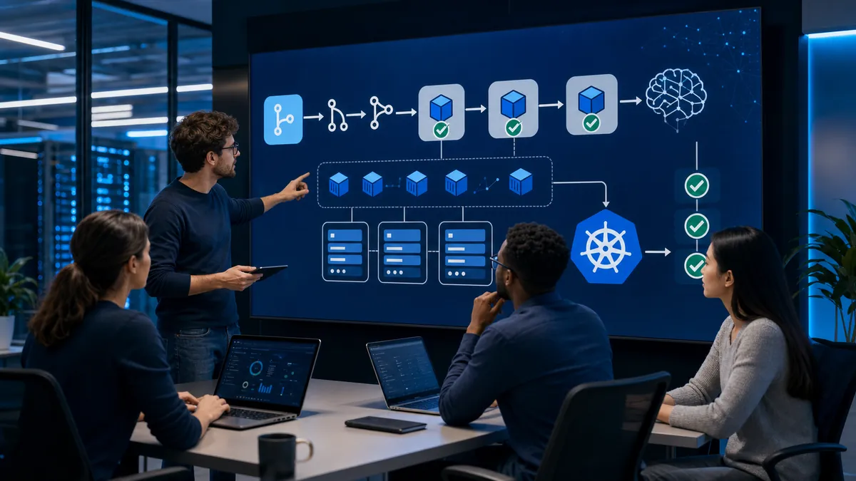 Équipe DevOps analysant un pipeline de validation logicielle