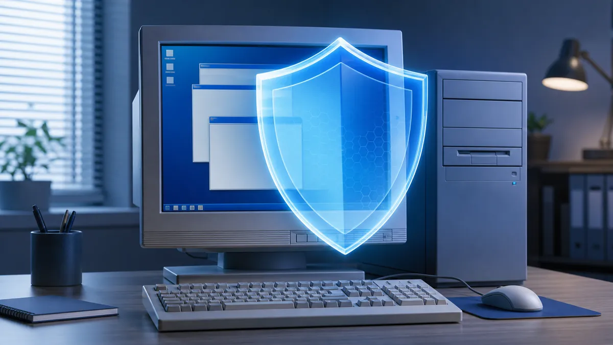 Ordinateur Windows protégé par un bouclier de cybersécurité