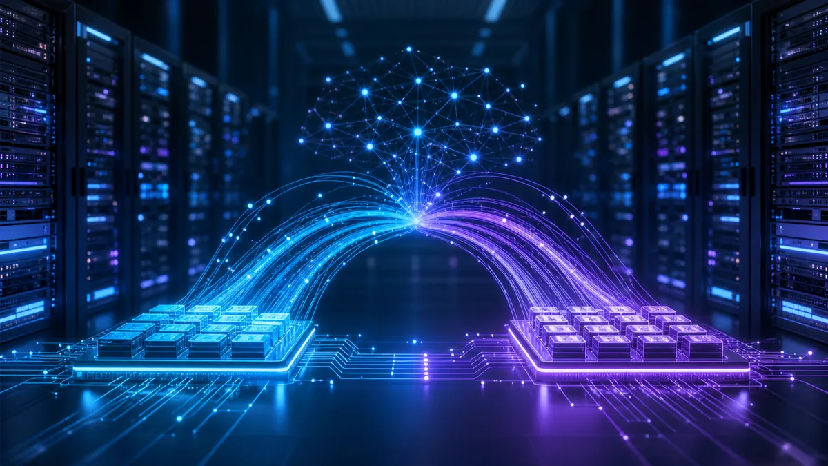 Centre de données illustrant la répartition des charges IA entre CPU et accélérateurs