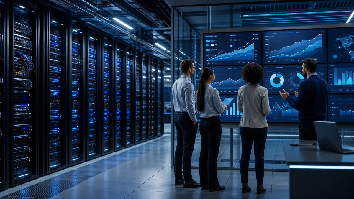 Centre de données IA avec équipe technique et graphiques financiers