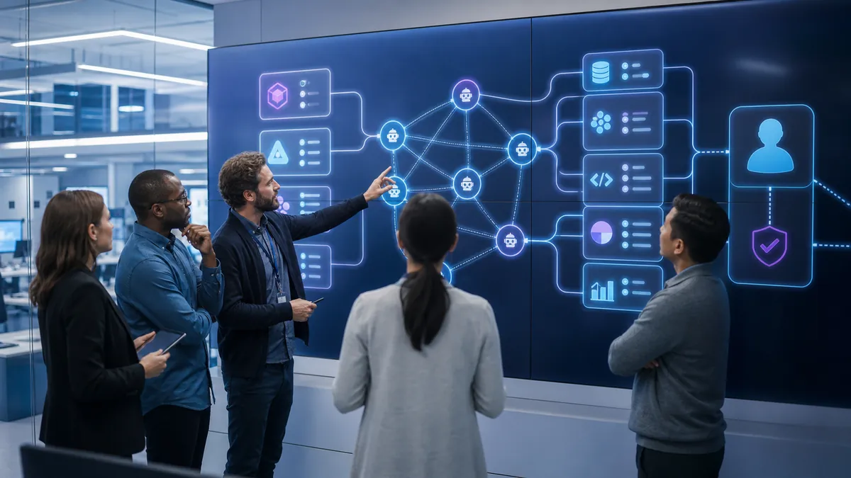 Équipe technique analysant une architecture d’agents IA