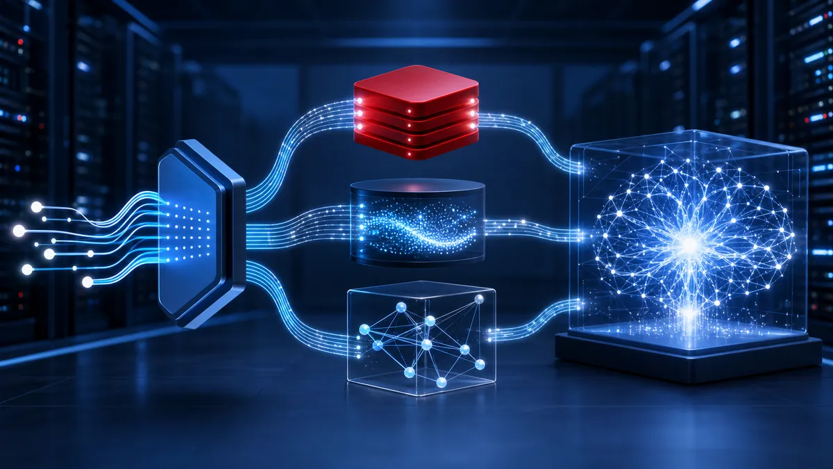 Schéma visuel d'une architecture IA avec cache Redis et base vectorielle