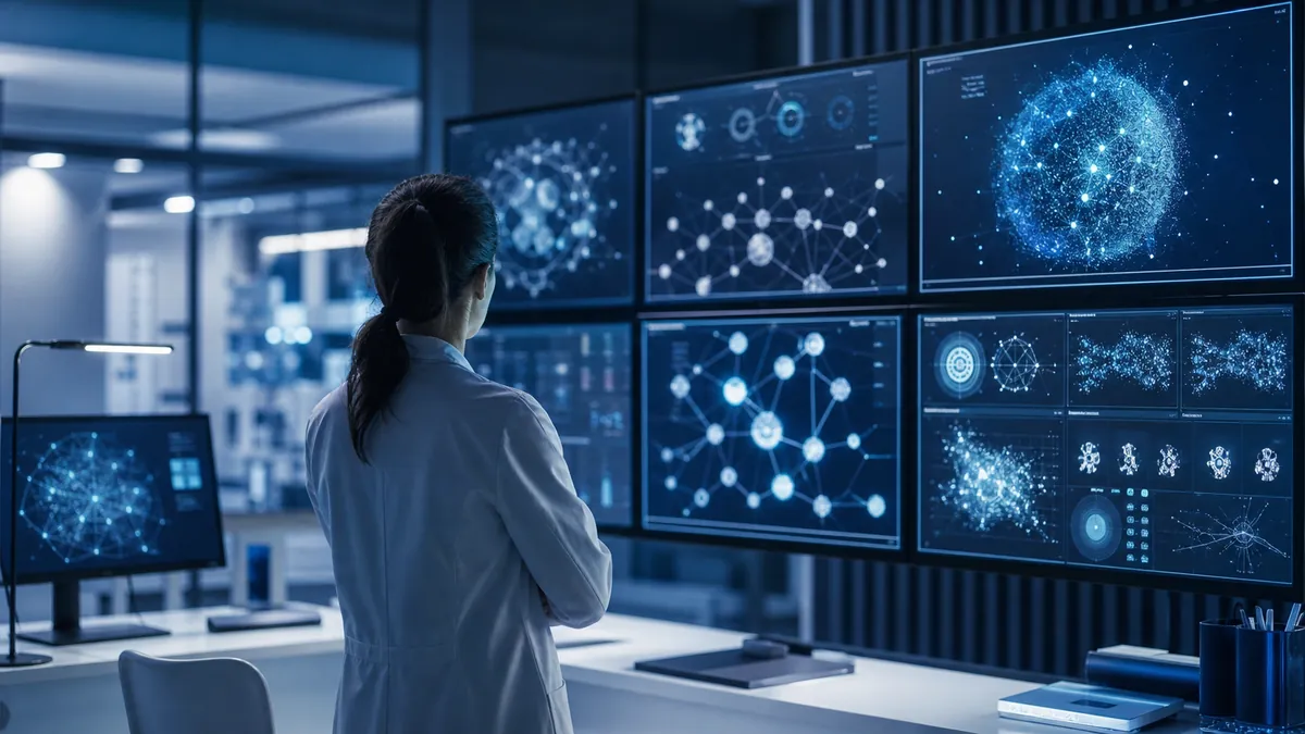 Un chercheur observe des écrans représentant des agents IA en laboratoire