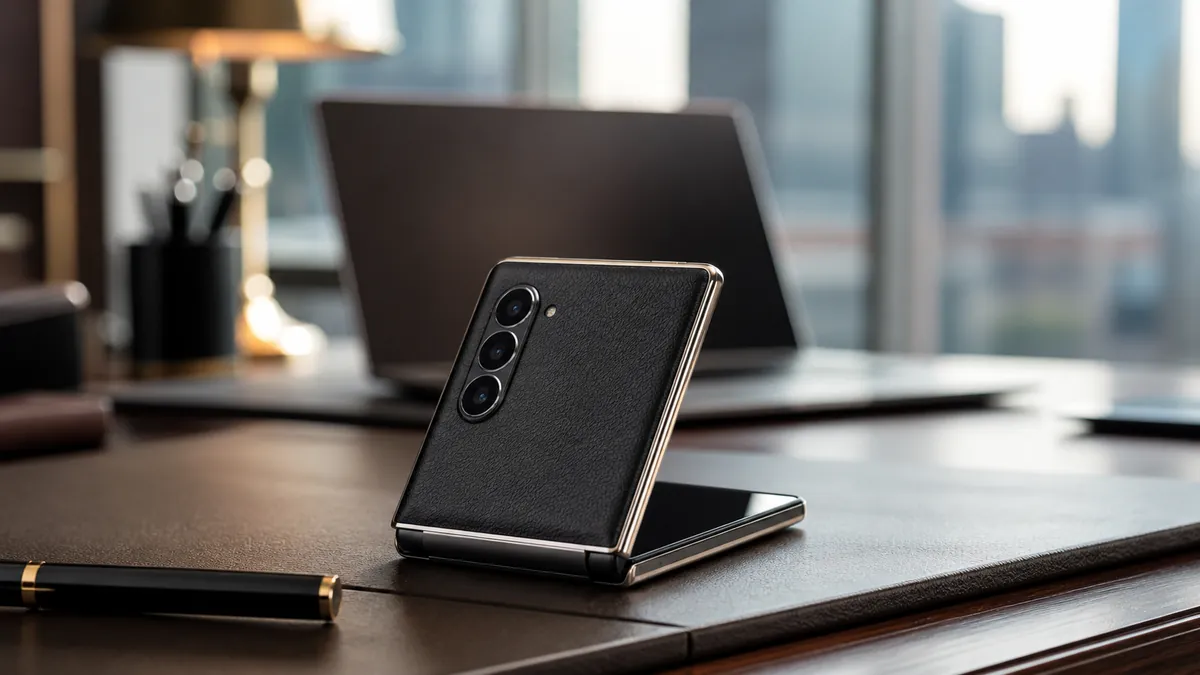 Smartphone pliable de luxe posé sur un bureau professionnel