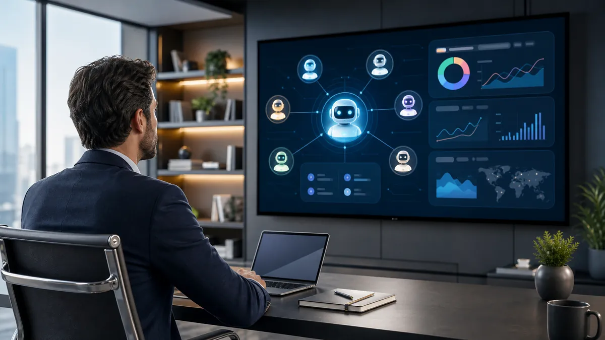 Tableau de bord de supervision d'agents IA dans un bureau tech