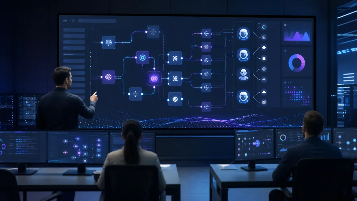 Plateforme d’orchestration de workflows IA affichée sur un écran