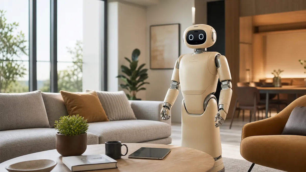 Robot humanoïde domestique dans un salon moderne