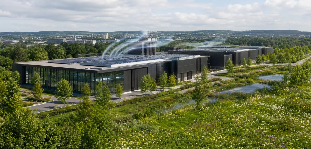 Data center moderne intégré dans un environnement végétalisé