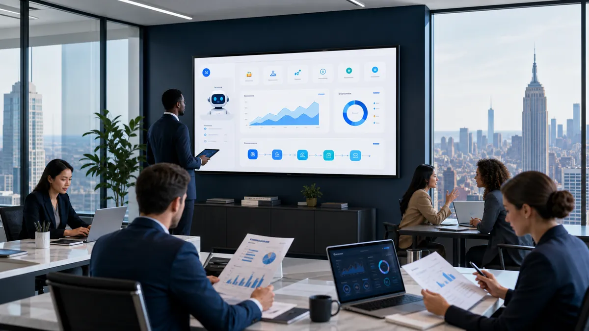 Des comptables utilisent une interface d’intelligence artificielle dans un bureau moderne