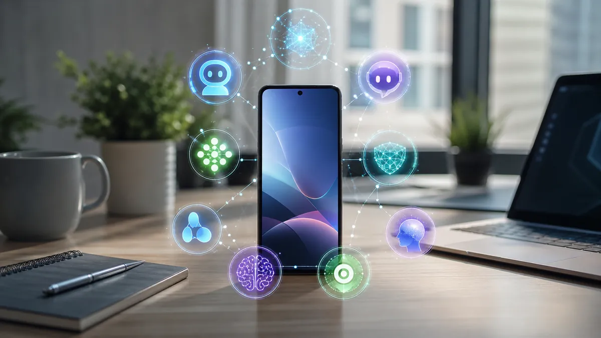Smartphone Android entouré de symboles d’assistants IA