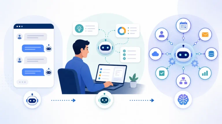 Illustration comparant chatbot, assistant IA et agent IA dans un workflow métier