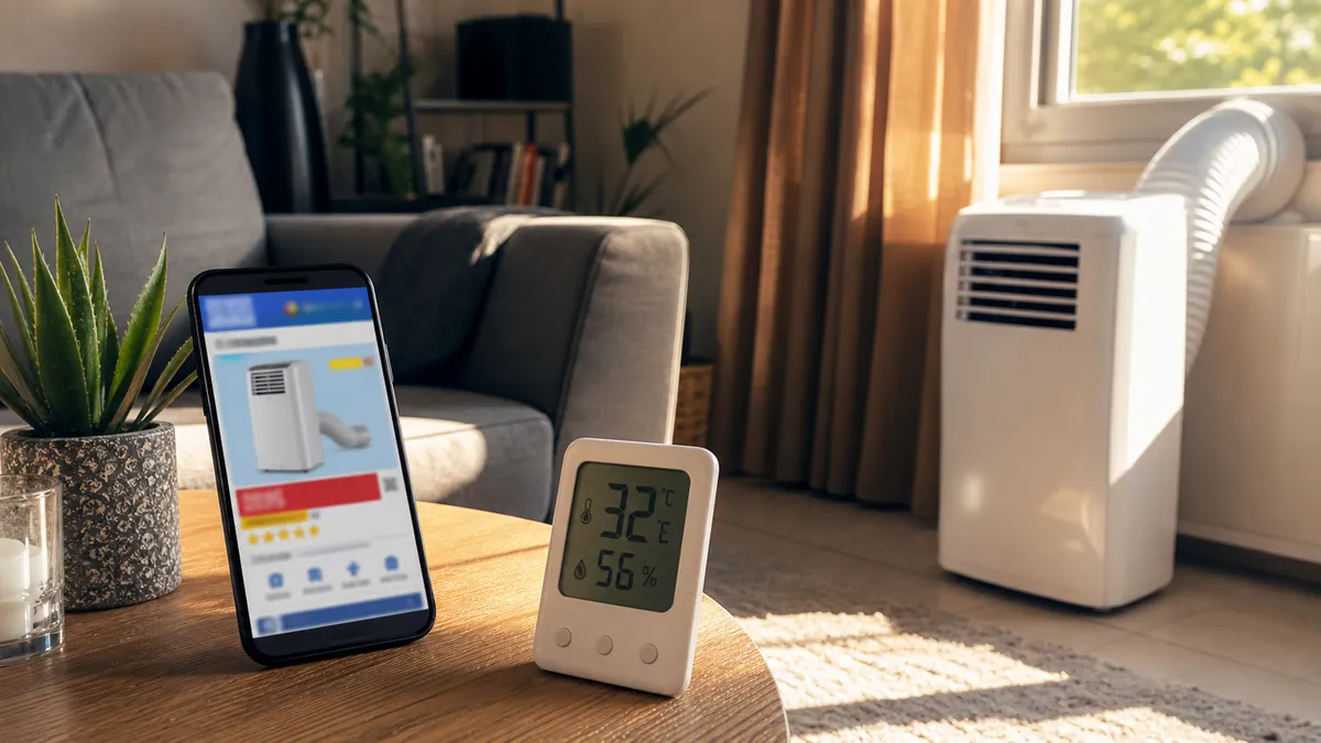 Un climatiseur mobile et une publicité suspecte sur smartphone pendant une canicule