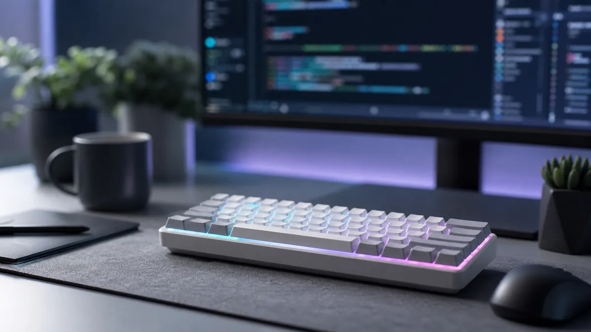 Clavier compact pour agents IA posé sur un bureau de développeur