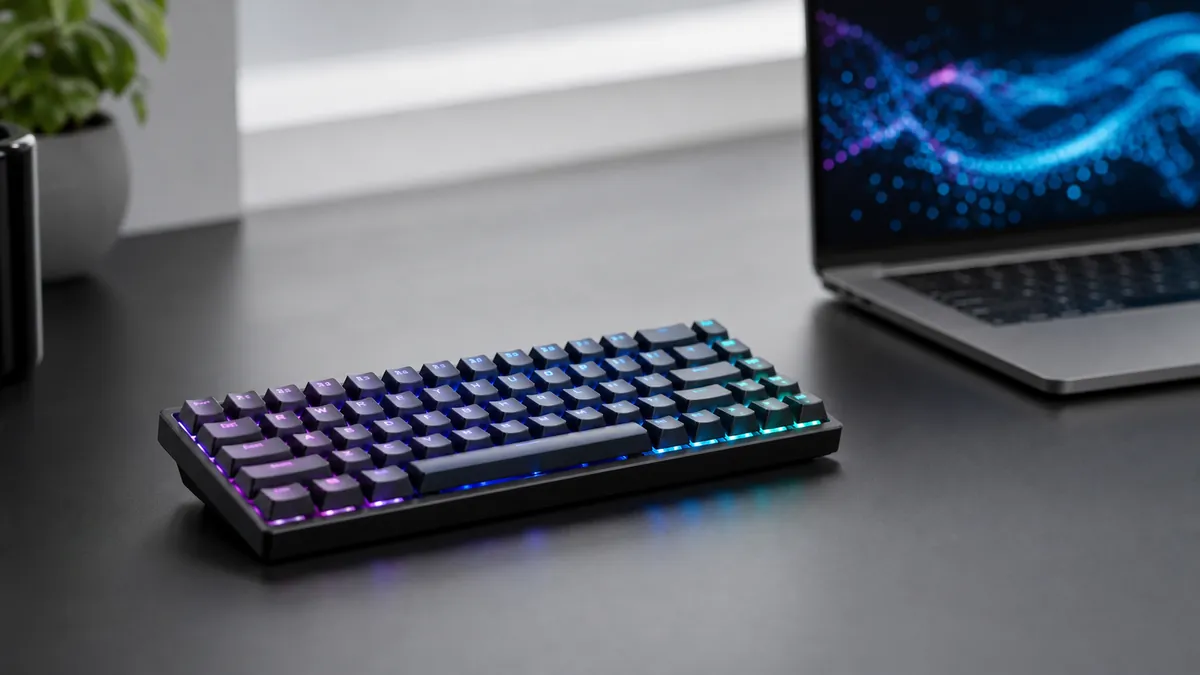 Mini-clavier IA avec touches lumineuses sur un bureau