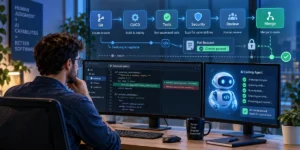 Développeur supervisant un agent IA de code dans un workflow sécurisé