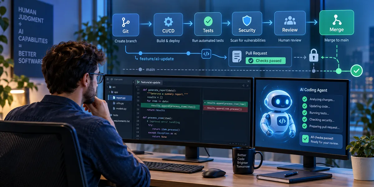 Développeur supervisant un agent IA de code dans un workflow sécurisé