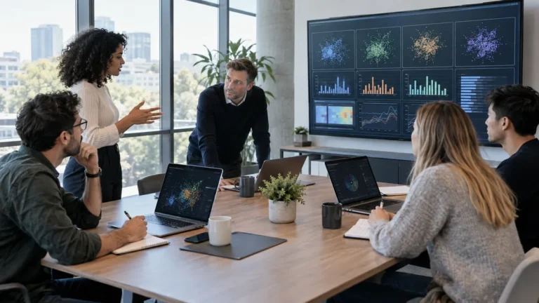 Équipe européenne évaluant des modèles d’intelligence artificielle sur plusieurs écrans
