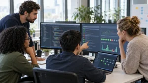 Équipe de développement analysant des tests automatisés après une modification de code par IA