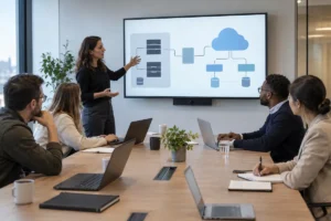 Équipe discutant d'une architecture IA entre local et cloud