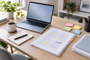 Un bureau avec un ordinateur et des documents annotés pour préparer un résumé de dossier long
